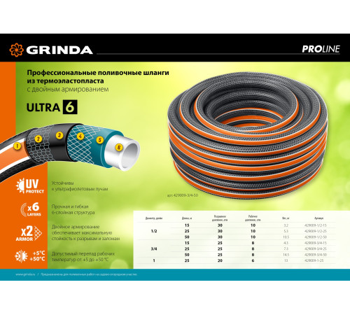 GRINDA ULTRA 6, 1/2″, 25 м, 30 атм, шестислойный, двойное армирование, поливочный шланг, PROLine (429009-1/2-25) купить  в Сочи GRINDA ULTRA 6, 1/2″, 25 м, 30 атм, шестислойный, двойное армирование, поливочный шланг, PROLine (429009-1/2-25) купить  в Сочи