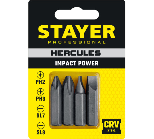 STAYER Hercules, 36 мм, 4 шт, биты для ударной отвертки, Professional (25667-S4) купить в Сочи STAYER Hercules, 36 мм, 4 шт, биты для ударной отвертки, Professional (25667-S4) купить в Сочи