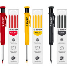 ЗУБР АСК набор: 18 сменных грифелей: 6ч + 6ж + 6к ( d 2,8 мм, HB), 3 автоматических карандаша (06312-H6)