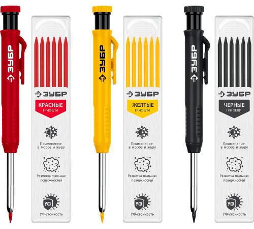 ЗУБР АСК набор: 18 сменных грифелей: 6ч + 6ж + 6к ( d 2,8 мм, HB), 3 автоматических карандаша (06312-H6) купить  в Сочи