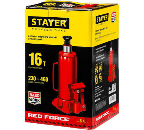 STAYER RED FORCE, 16 т, 230 - 460 мм, бутылочный гидравлический домкрат, Professional (43160-16) купить в Сочи STAYER RED FORCE, 16 т, 230 - 460 мм, бутылочный гидравлический домкрат, Professional (43160-16) купить в Сочи