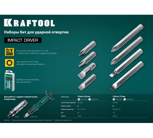 KRAFTOOL 36 мм, 4 шт, набор бит для ударной отвертки (25551) купить  в Сочи