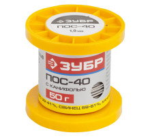 ЗУБР ПОС 40, 1 мм, 50 г, трубка с канифолью, припой (55451-050-10C)