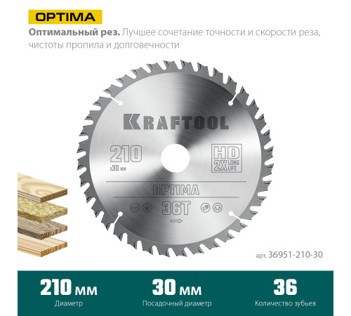 KRAFTOOL Optima, 210 х 30 мм, 36Т, пильный диск по дереву (36951-210-30) купить  в Сочи