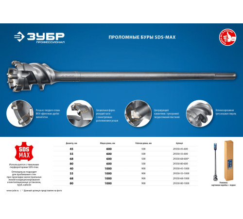 ЗУБР 68 х 900/1000 мм, SDS-max проломной бур, Профессионал (29330-68-1000) купить  в Сочи