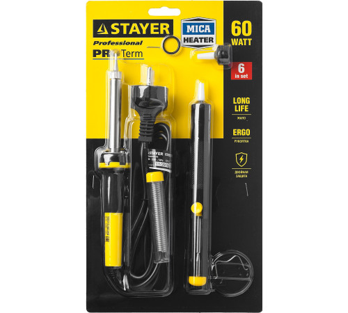 STAYER PROTerm, 60Вт, 2к рукоятка, конус, подставка+припой+сменн жало+оловоотсос+сменн насадка, набор для паяльных работ, Professional (55313-60-H6) купить в Сочи STAYER PROTerm, 60Вт, 2к рукоятка, конус, подставка+припой+сменн жало+оловоотсос+сменн насадка, набор для паяльных работ, Professional (55313-60-H6) купить в Сочи