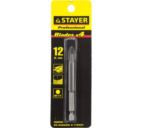STAYER 12 мм, 4х кромка, HEX 1/4, Сверло по стеклу и кафелю (2985-12) купить в Сочи STAYER 12 мм, 4х кромка, HEX 1/4, Сверло по стеклу и кафелю (2985-12) купить в Сочи