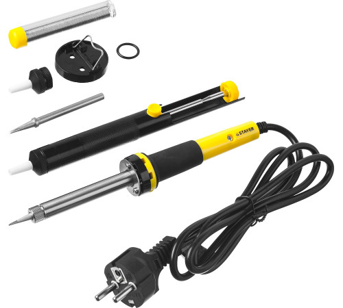 STAYER PROTerm, 60Вт, 2к рукоятка, конус, подставка+припой+сменн жало+оловоотсос+сменн насадка, набор для паяльных работ, Professional (55313-60-H6) купить  в Сочи