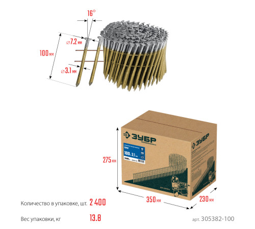 ЗУБР CNW 100 х 3.1 мм, барабанные гвозди рифленые, 2400 шт (305382-100) купить в Сочи ЗУБР CNW 100 х 3.1 мм, барабанные гвозди рифленые, 2400 шт (305382-100) купить в Сочи