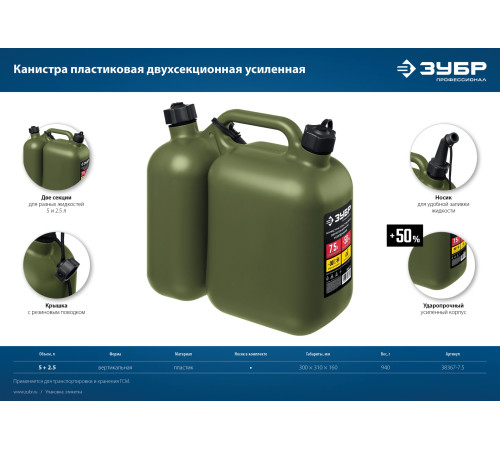 ЗУБР 5 + 2.5 л, пластиковая усиленная двухсекционная канистра, Профессионал (38367-7.5) купить  в Сочи
