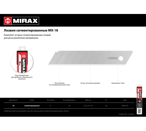 MIRAX MX-18, ширина 18 мм, 10 шт, сегментированные лезвия (0914-S10 ) купить в Сочи MIRAX MX-18, ширина 18 мм, 10 шт, сегментированные лезвия (0914-S10 ) купить в Сочи