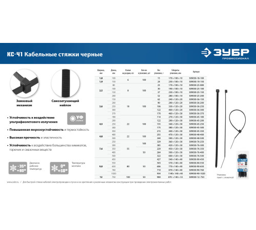 ЗУБР КС-Ч1, 4.5 x 250 мм, нейлон РА66, 100 шт, черные, кабельные стяжки, Профессионал (309030-45-250) купить  в Сочи