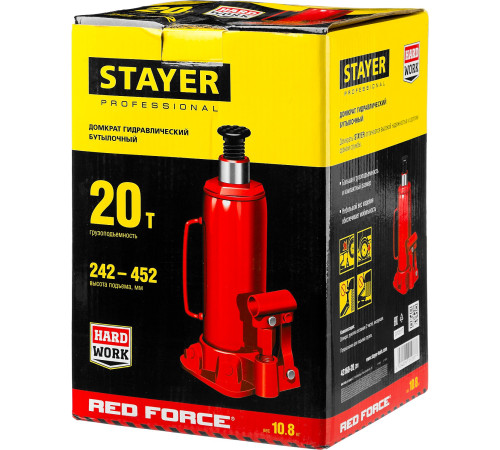 STAYER RED FORCE, 20 т, 242 - 452 мм, бутылочный гидравлический домкрат, Professional (43160-20) купить в Сочи STAYER RED FORCE, 20 т, 242 - 452 мм, бутылочный гидравлический домкрат, Professional (43160-20) купить в Сочи
