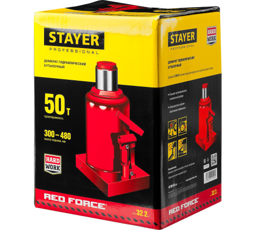 STAYER RED FORCE, 50 т, 300 - 480 мм, бутылочный гидравлический домкрат, Professional (43160-50) купить в Сочи STAYER RED FORCE, 50 т, 300 - 480 мм, бутылочный гидравлический домкрат, Professional (43160-50) купить в Сочи