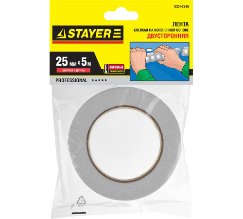 STAYER 25 мм, 5 м, белая, на вспененной основе, двухсторонняя клейкая лента, Professional (12231-25-05) купить в Сочи STAYER 25 мм, 5 м, белая, на вспененной основе, двухсторонняя клейкая лента, Professional (12231-25-05) купить в Сочи