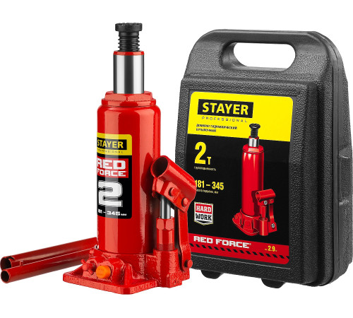 STAYER RED FORCE, в кейсе, 2 т, 181 - 345 мм, бутылочный гидравлический домкрат, Professional (43160-2-K) купить в Сочи STAYER RED FORCE, в кейсе, 2 т, 181 - 345 мм, бутылочный гидравлический домкрат, Professional (43160-2-K) купить в Сочи