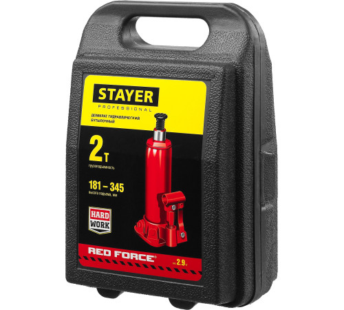 STAYER RED FORCE, в кейсе, 2 т, 181 - 345 мм, бутылочный гидравлический домкрат, Professional (43160-2-K) купить в Сочи STAYER RED FORCE, в кейсе, 2 т, 181 - 345 мм, бутылочный гидравлический домкрат, Professional (43160-2-K) купить в Сочи