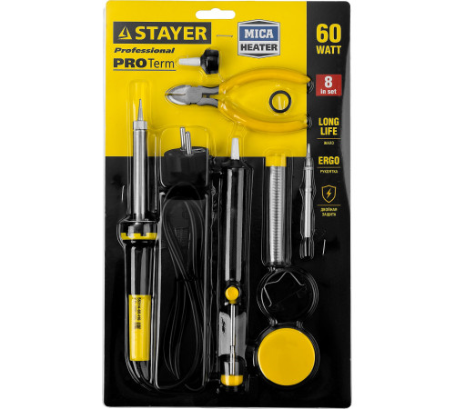 STAYER PROTerm, 60Вт, 2к рукоят, конус, подставка+припой+сменн жало+оловоотсос+сменн насадка+канифоль+кусачки, паял набор, Professional (55314-60-H8) купить  в Сочи