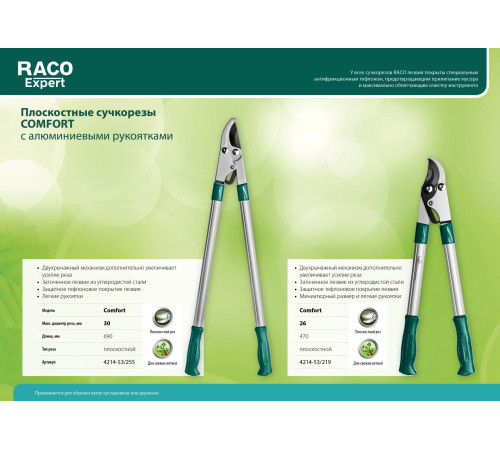 RACO Comfort, 470 мм, высокоуглеродистая сталь, двурычажный, алюминиевые рукоятки, малый плоскостной сучкорез (4214-53/219) купить  в Сочи