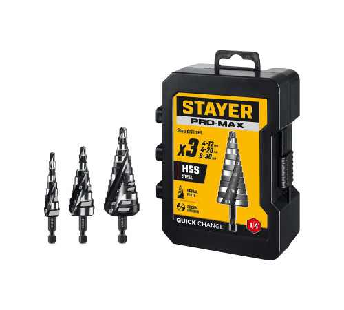STAYER Pro-Max 3 шт, 4-30мм, винтовая спираль, набор сверл ступенчатых (29661-4-30-H3) купить в Сочи STAYER Pro-Max 3 шт, 4-30мм, винтовая спираль, набор сверл ступенчатых (29661-4-30-H3) купить в Сочи