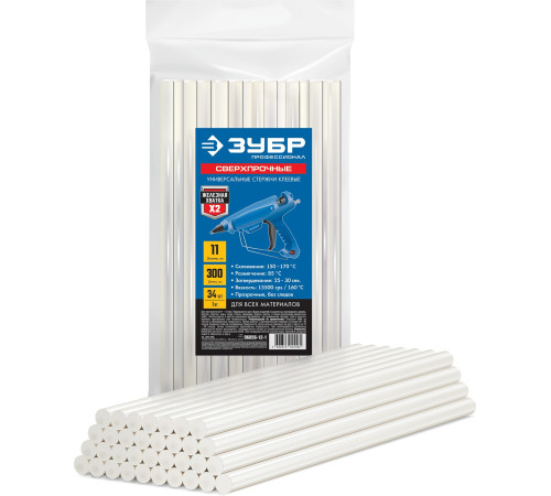 ЗУБР 11 х 300 мм, 34 шт, сверхпрочные прозрачные клеевые стержни, Профессионал (06856-12-1) купить  в Сочи