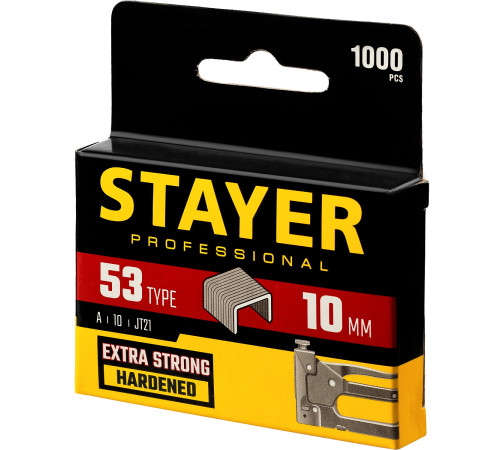 STAYER тип 53 (A/10/JT21), 10 мм, 1000 шт, калибр 23GA, скобы для степлера, Professional (3159-10) для крепления тканых материалов к поверхностям из дерева, ДВП, и т. п. с помощью скобозабивного пистолета