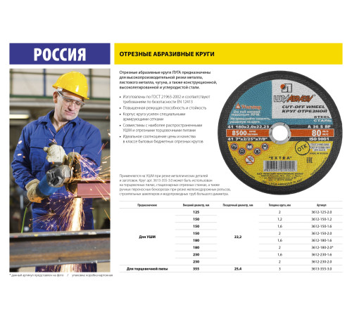 ЛУГА 180 x 1.6 x 22.2 мм, для УШМ, круг отрезной по металлу (3612-180-1.6) купить в Сочи ЛУГА 180 x 1.6 x 22.2 мм, для УШМ, круг отрезной по металлу (3612-180-1.6) купить в Сочи
