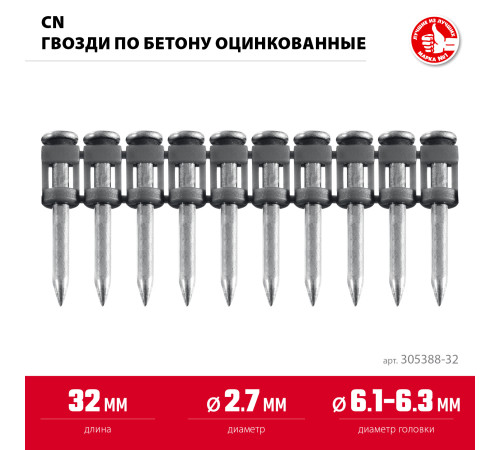 ЗУБР CN 32 х 2.7 мм, гвозди по бетону оцинкованные, 1000 шт (305388-32) купить  в Сочи