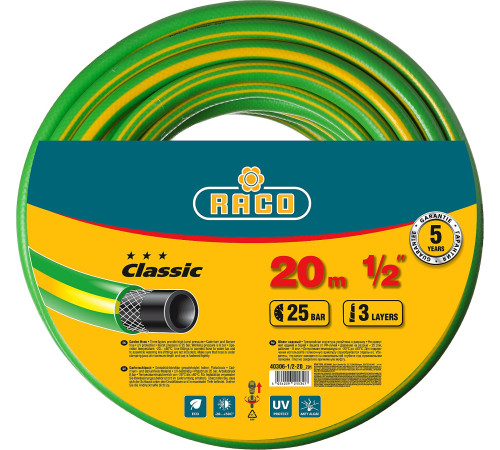 RACO CLASSIC, 1/2″, 20 м, 25 атм, трёхслойный, армированный, поливочный шланг (40306-1/2-20) купить в Сочи RACO CLASSIC, 1/2″, 20 м, 25 атм, трёхслойный, армированный, поливочный шланг (40306-1/2-20) купить в Сочи