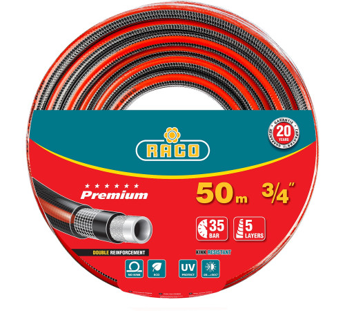 RACO PREMIUM, 3/4″, 50 м, 35 атм, пятислойный, усиленный двумя слоями армирования, поливочный шланг (40300-3/4-50) купить в Сочи RACO PREMIUM, 3/4″, 50 м, 35 атм, пятислойный, усиленный двумя слоями армирования, поливочный шланг (40300-3/4-50) купить в Сочи