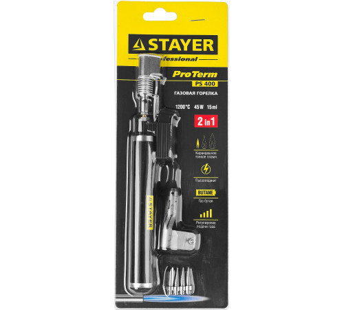 STAYER PS 400, 45 Вт, 1200°С, в наборе: 5 в 1, пьезоподжиг, горелка, фен, 4 жала, газовый паяльник, Professional(55505-H6) купить в Сочи STAYER PS 400, 45 Вт, 1200°С, в наборе: 5 в 1, пьезоподжиг, горелка, фен, 4 жала, газовый паяльник, Professional(55505-H6) купить в Сочи