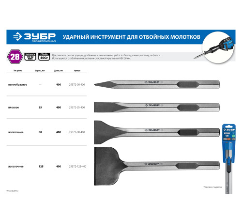 ЗУБР БУРАН, 80 х 400 мм, HEX 28, плоское изогнутое зубило, Профессионал (29372-80-400) купить  в Сочи