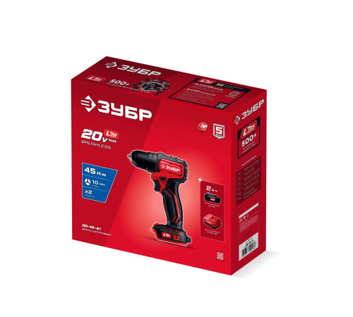 ЗУБР 20 В, 45 Н·м, 1 АКБ LMS (2 А·ч), бесщеточная дрель-шуруповерт (ДБ-45-21) купить  в Сочи