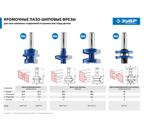 ЗУБР 38.1 x 28.6 мм, хвостовик 12 мм, фреза пазо-шиповая наборная, Профессионал (28731-38.1-2) купить  в Сочи