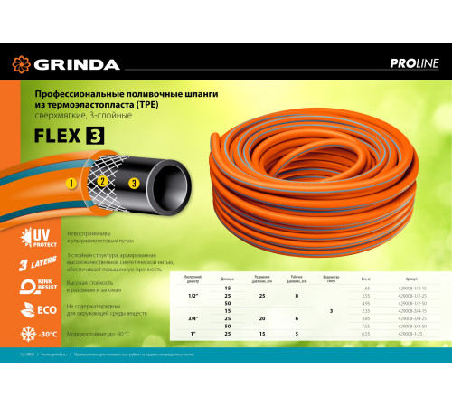 GRINDA FLEX 3, 3/4″, 50 м, 20 атм, из термоэластопласта, трёхслойный, армированный, гибкий, поливочный шланг, PROLine (429008-3/4-50) купить  в Сочи