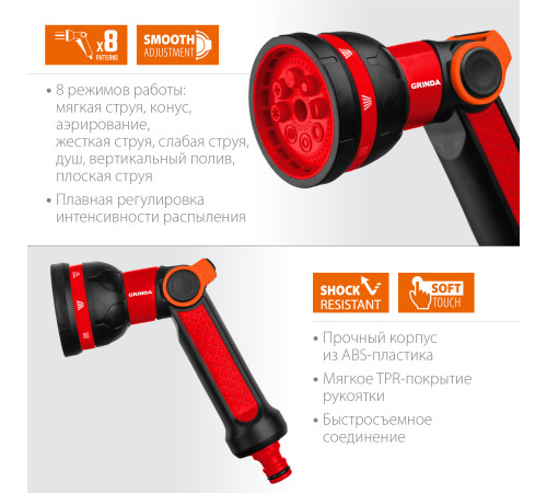 GRINDA N-8, с регулятором напора, 8 режимов, двухкомпонентный, поливочный пистолет (8-427188) купить  в Сочи