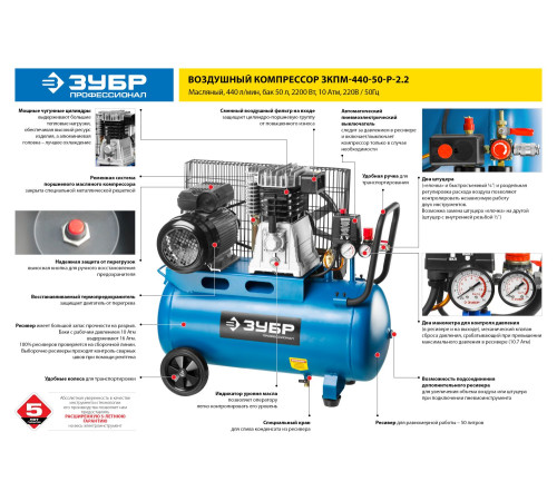 ЗУБР 440 л/мин, 50 л, 2200 Вт, ременной масляный компрессор, Профессионал (ЗКПМ-440-50-Р-2.2) купить  в Сочи