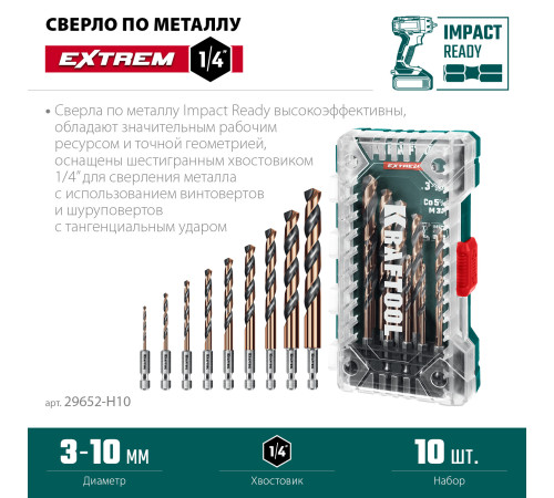 KRAFTOOL НЕХ-1/4″, 10 шт, набор сверл по металлу для винтовёртов и шуруповертов IMPACT READY (29652-H10) купить  в Сочи
