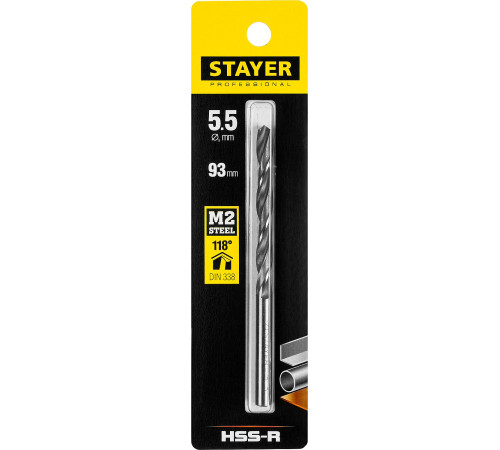 STAYER HSS-R, 5.5 х 93 мм, быстрорежущая сталь P6M5, сверло по металлу, Professional (29602-5.5) купить в Сочи STAYER HSS-R, 5.5 х 93 мм, быстрорежущая сталь P6M5, сверло по металлу, Professional (29602-5.5) купить в Сочи