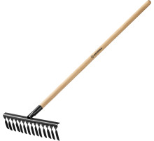 GRINDA GS-14 WOOD, 445 х 95 х 1300 мм, 14 витых зубцов, углеродистая сталь, антикор. покрытие, черенок дерев. высш. сорт, садовые грабли(39581-14)