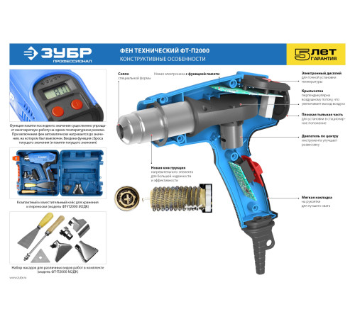 ЗУБР 2000 Вт, технический фен, дисплей, кейс, Профессионал (ФТ-П2000 М2ДК) купить  в Сочи