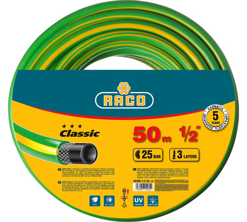 RACO CLASSIC, 1/2″, 50 м, 25 атм, трёхслойный, армированный, поливочный шланг (40306-1/2-50) купить в Сочи RACO CLASSIC, 1/2″, 50 м, 25 атм, трёхслойный, армированный, поливочный шланг (40306-1/2-50) купить в Сочи