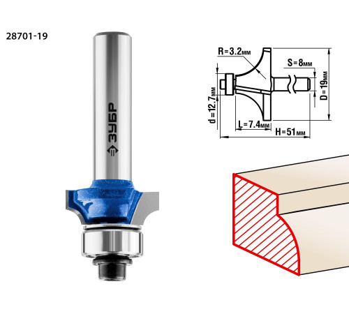 ЗУБР 19.0 x 7.4 мм, радиус 3.2 мм, фреза кромочная калевочная №1, Профессионал (28701-19) купить  в Сочи