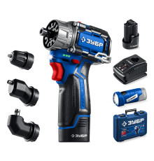ЗУБР КОМБИ #4, набор: модульная дрель-шуруповерт + LED фонарь, BRUSHLESS, 12 В, 45 Н·м, 2 АКБ тип Т7 (2 А·ч), кейс, Профессионал (DB-125-22F)