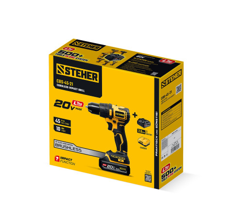 STEHER 20 В, 45 Н·м, 1 АКБ LMS (2 А·ч), бесщеточная ударная дрель-шуруповерт (CBS-45-21) купить в Сочи STEHER 20 В, 45 Н·м, 1 АКБ LMS (2 А·ч), бесщеточная ударная дрель-шуруповерт (CBS-45-21) купить в Сочи