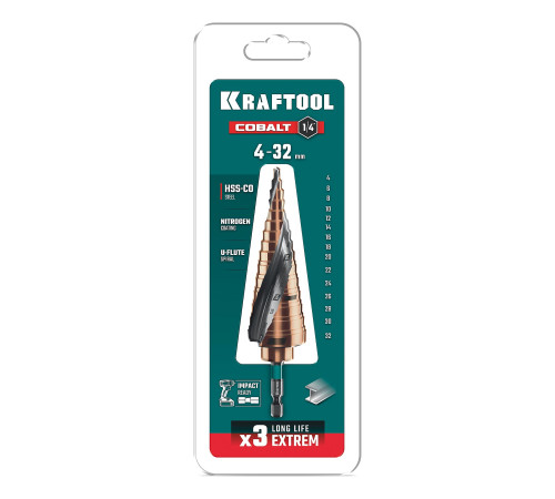 KRAFTOOL COBALT 4-32мм, 15 ступеней, азотирование, винтовая спираль, сверло ступенчатое(29691-4-32-15) купить в Сочи KRAFTOOL COBALT 4-32мм, 15 ступеней, азотирование, винтовая спираль, сверло ступенчатое(29691-4-32-15) купить в Сочи