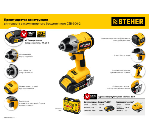 STEHER V1, 20 В, 300 Н·м, 2 АКБ (2 А·ч), бесщеточный винтоверт, кейс (CSB-300-2) купить  в Сочи