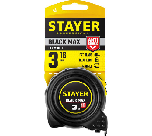 STAYER BlackMax, 3 м х 16 мм, рулетка с двумя фиксаторами, Professional (3410-03) купить  в Сочи