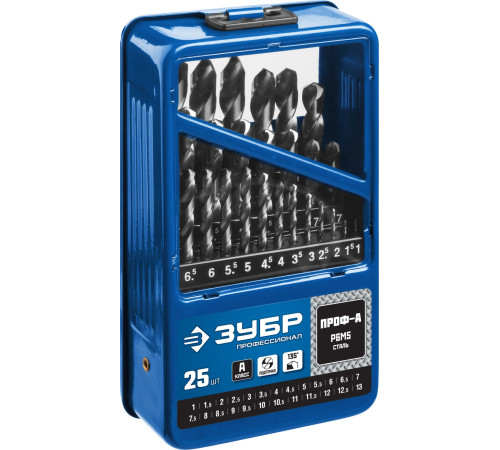 ЗУБР ПРОФ-А, 25 шт, (1-13 мм), сталь Р6М5, класс А, мет.бокс, набор сверл по металлу, Профессионал (29625-H25) купить  в Сочи