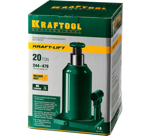 KRAFTOOL KRAFT-LIFT, 20 т, 244 - 478 мм, бутылочный гидравлический домкрат (43462-20) купить в Сочи KRAFTOOL KRAFT-LIFT, 20 т, 244 - 478 мм, бутылочный гидравлический домкрат (43462-20) купить в Сочи